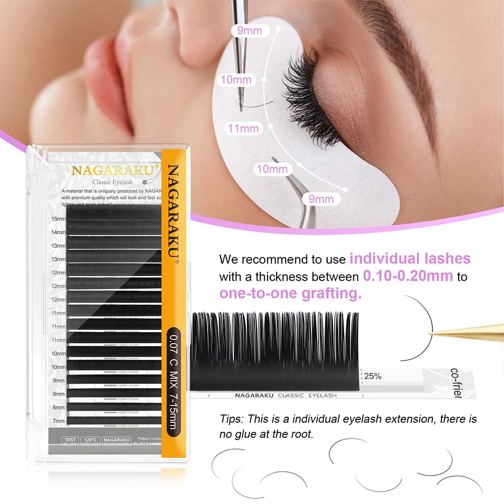 NAGARAKU 50 cases 7~15mm mix eyelash extension natural faux mink soft false lashes makeup tools silk eyelashes