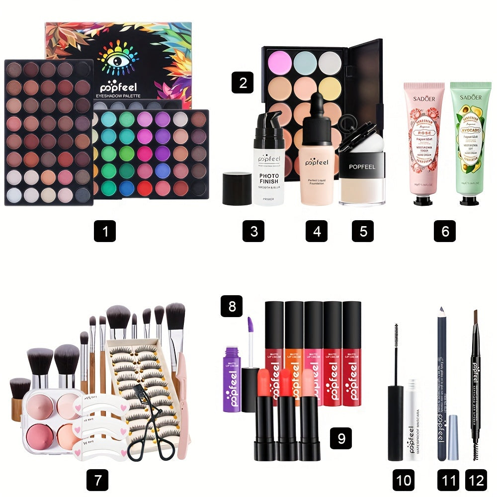 Full range of makeup gift sets, eye shadow, eyelash curlers, eyebrow pencils, hand cream, lipstick, eyeliner, makeup pads, puffs, makeup brushes, eyebrow stencils, all-in-one gift box set, for Mother's Day makeup sets Christm