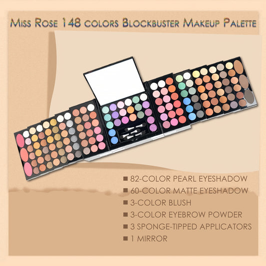 148-Color Ultimate Makeup Kit Collection - Includes 82-Color Pearly Eyeshadow Palette, 60-Color Matte Eyeshadow, 3-Color Blush, 3-Color Eyebrow Powder, and 3 Sponge Sticks with Mirror - Complete Makeup Essentials for Mom, Per