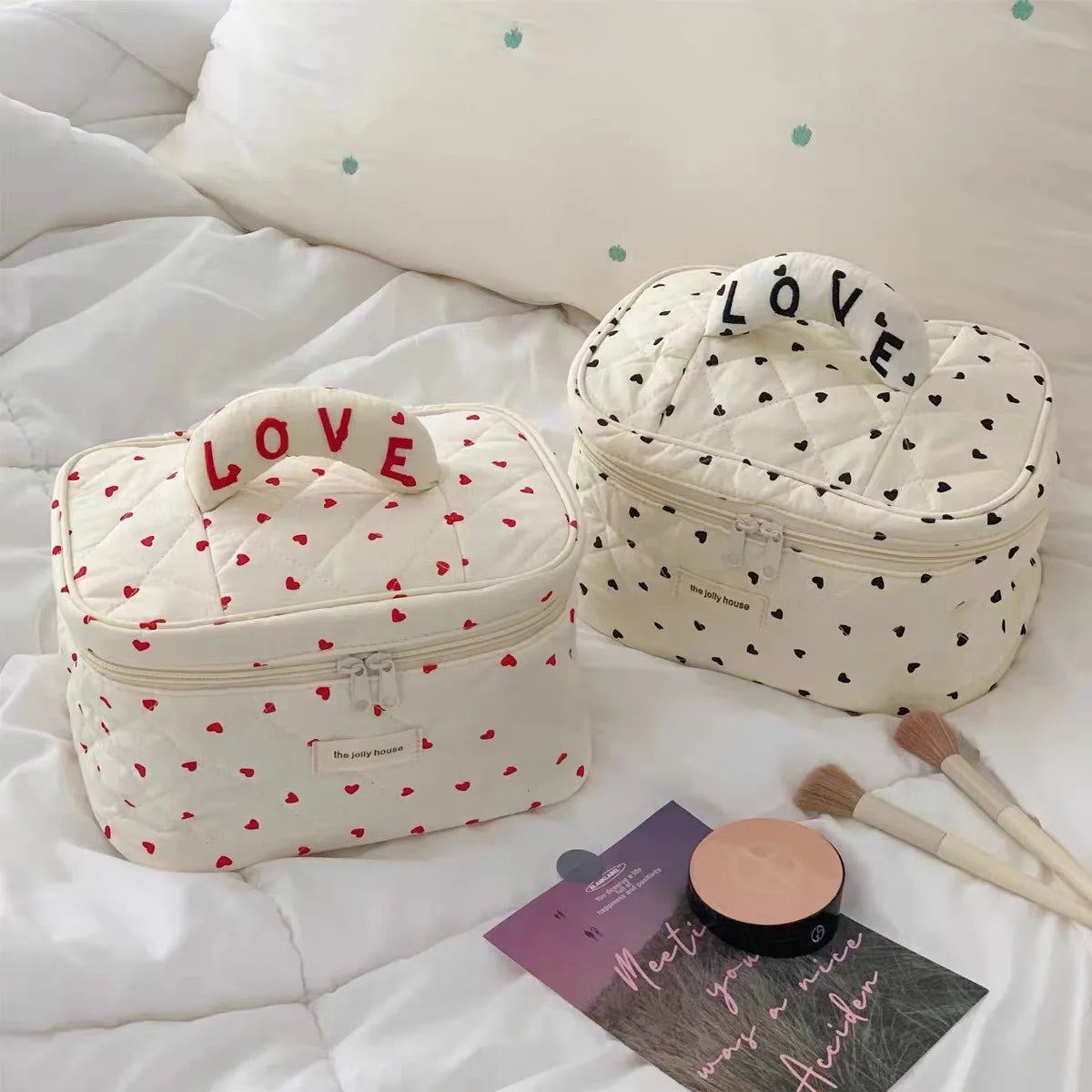 LOVE Mini Heart Print Soft Cotton Cosmetic Bags Korea Ins Storage Make Up Bags For Women Portable Travel Organizer Toiletry Bag