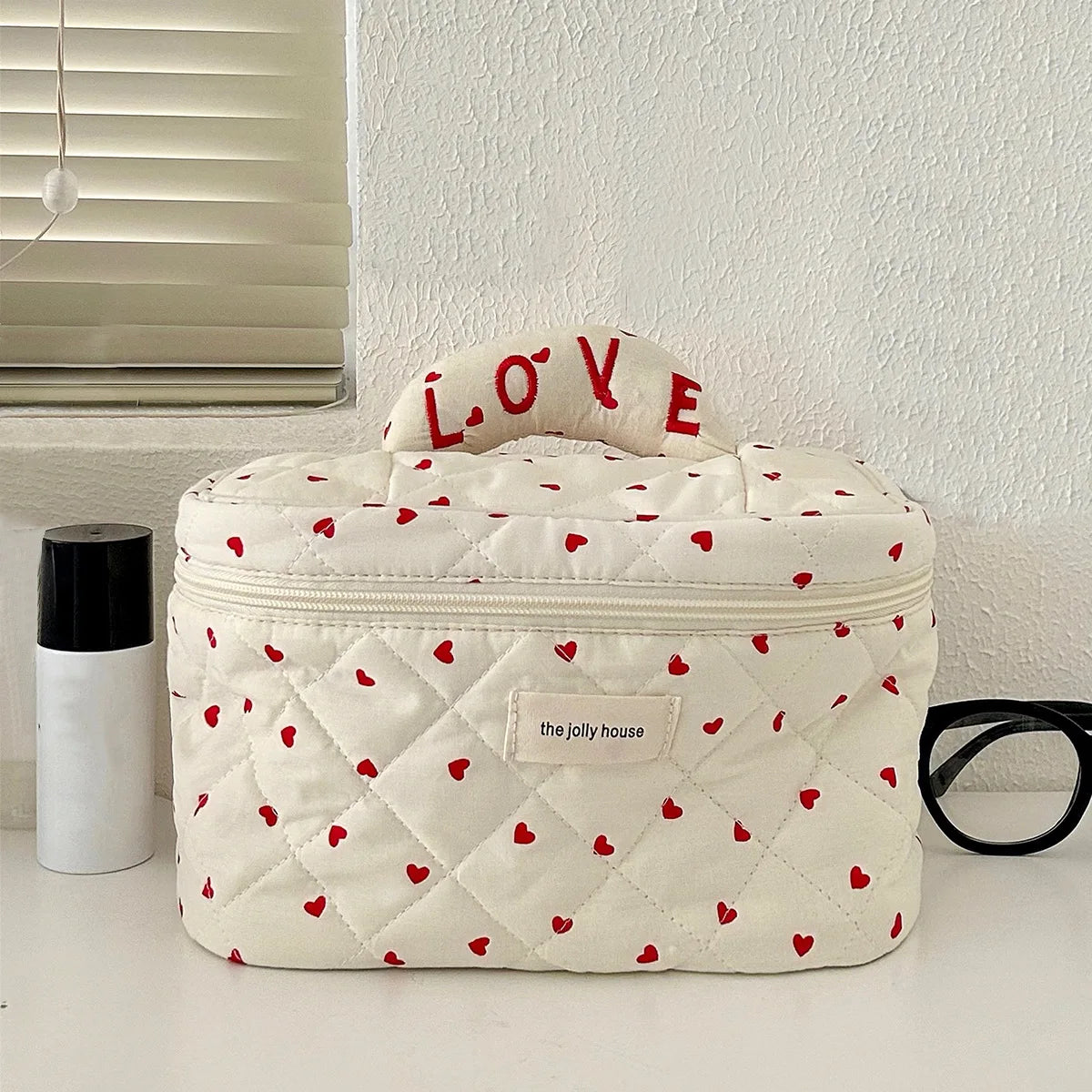 LOVE Mini Heart Print Soft Cotton Cosmetic Bags Korea Ins Storage Make Up Bags For Women Portable Travel Organizer Toiletry Bag