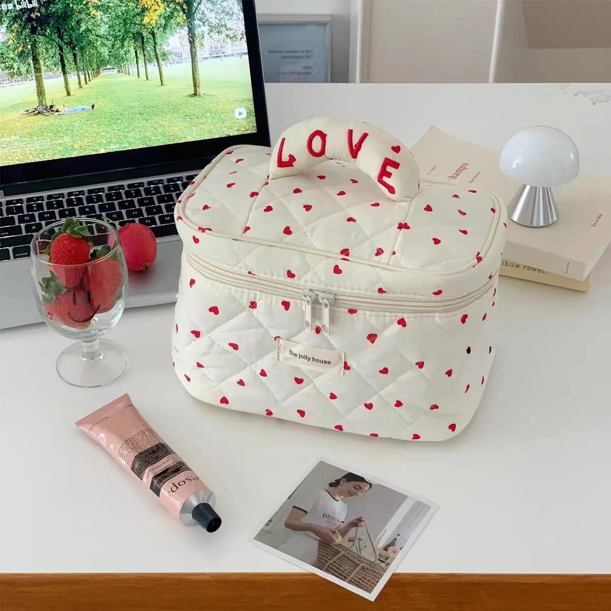 LOVE Mini Heart Print Soft Cotton Cosmetic Bags Korea Ins Storage Make Up Bags For Women Portable Travel Organizer Toiletry Bag