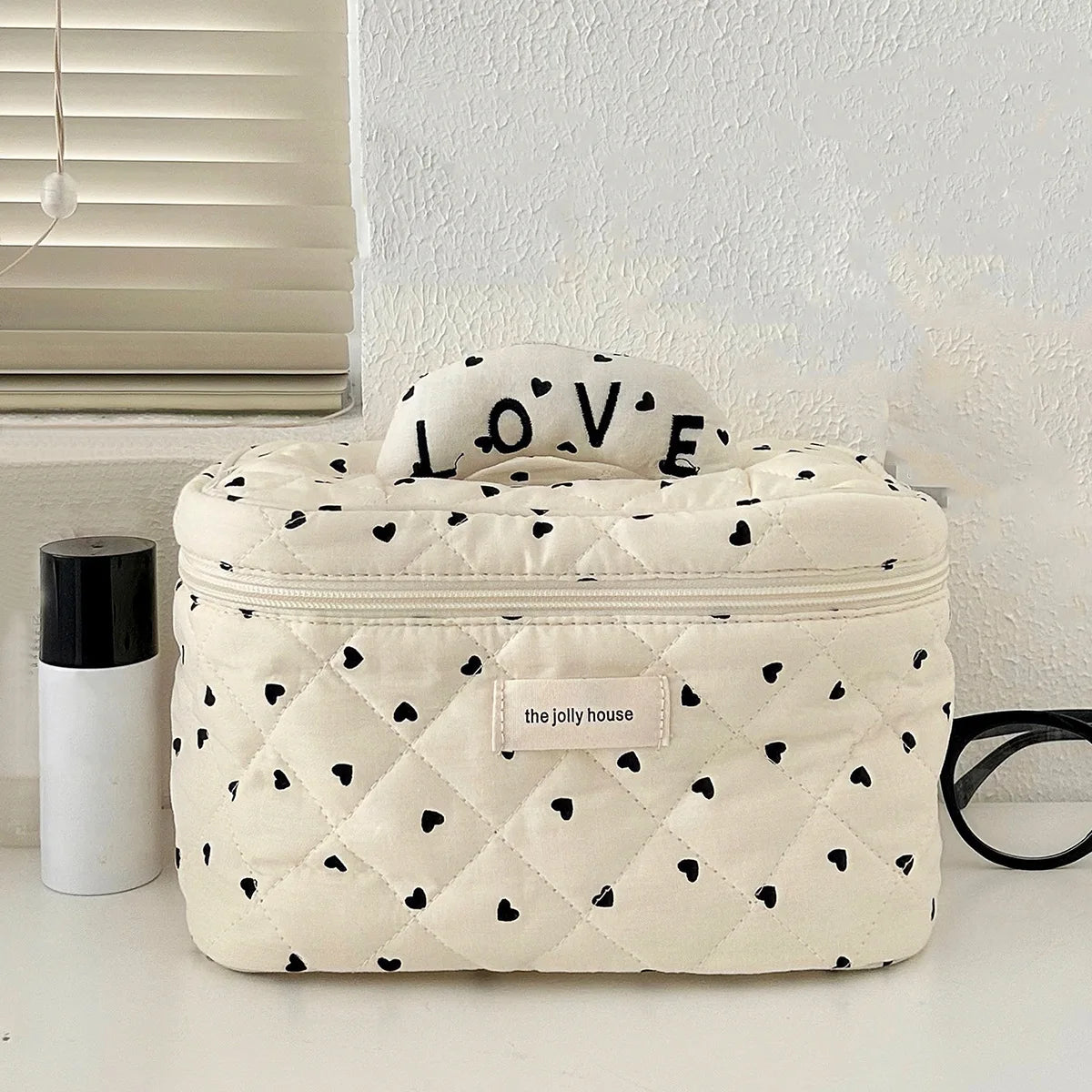LOVE Mini Heart Print Soft Cotton Cosmetic Bags Korea Ins Storage Make Up Bags For Women Portable Travel Organizer Toiletry Bag
