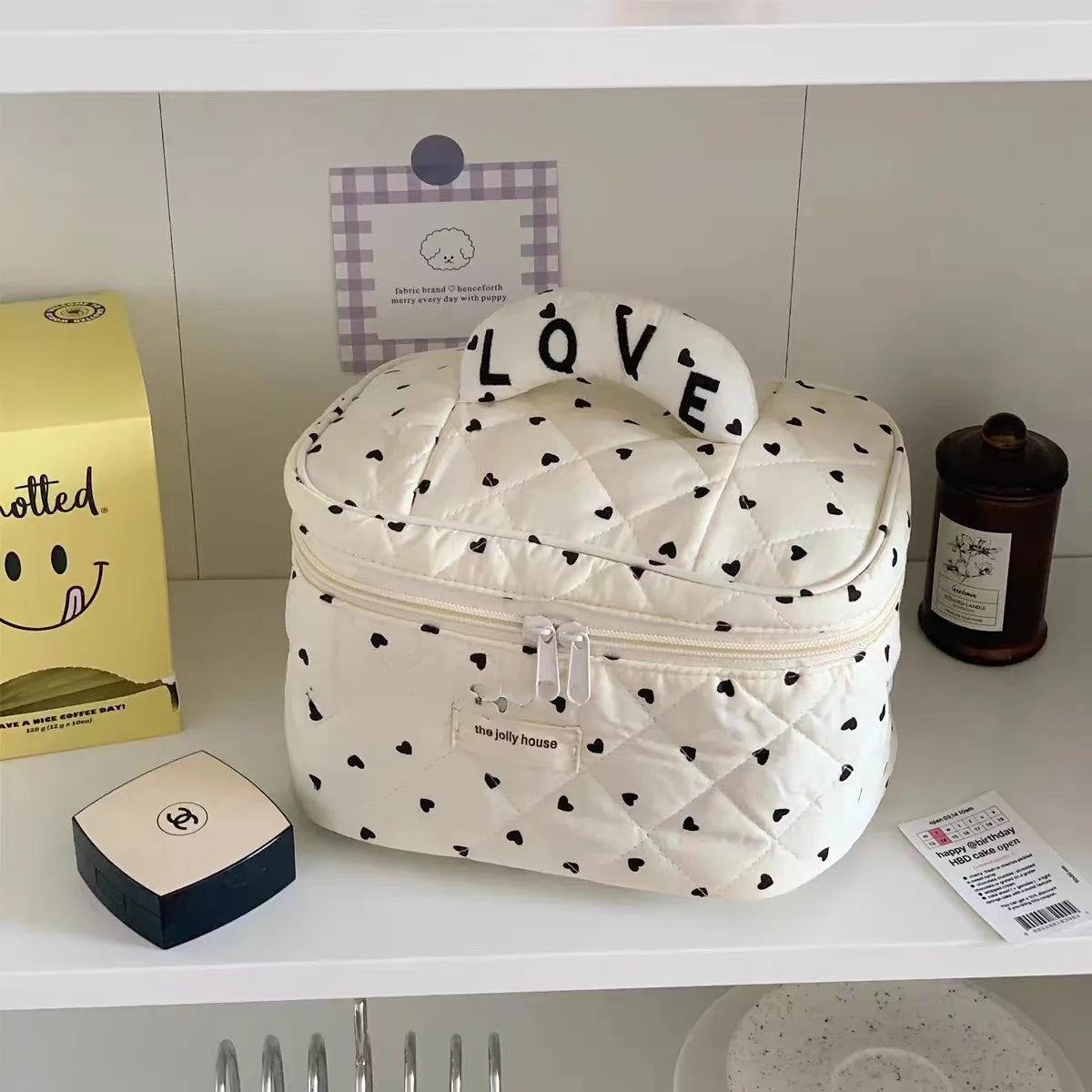 LOVE Mini Heart Print Soft Cotton Cosmetic Bags Korea Ins Storage Make Up Bags For Women Portable Travel Organizer Toiletry Bag