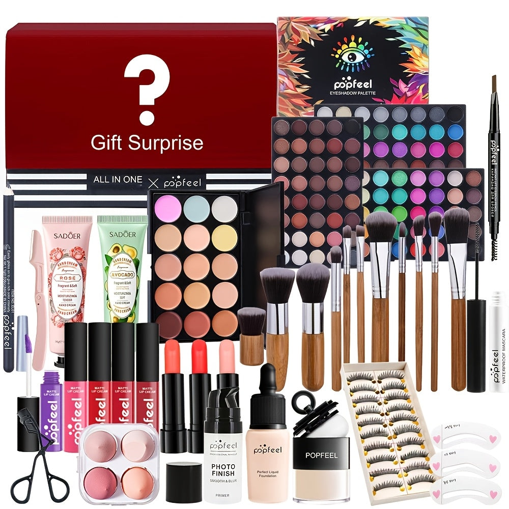 Full range of makeup gift sets, eye shadow, eyelash curlers, eyebrow pencils, hand cream, lipstick, eyeliner, makeup pads, puffs, makeup brushes, eyebrow stencils, all-in-one gift box set, for Mother's Day makeup sets Christm